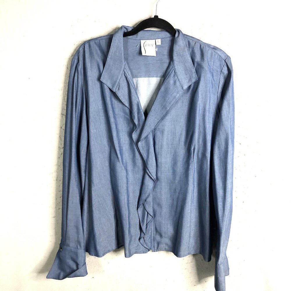 Finley Top Womens Jacket Blue Chambray Tencel Western Casual Ruffle Feminine